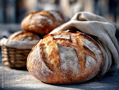 Traditional eish shamsi bread with a rustic appearance rests on a bakery shelf, illuminated by warm sunlight