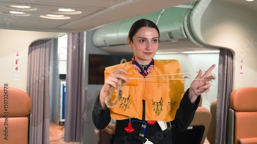 Air Hostess Showing Oxygen Mask and Life Vest in Safety Demonstration Before Airplane Takeoff as Part of Cabin Crew In-Flight Instructions