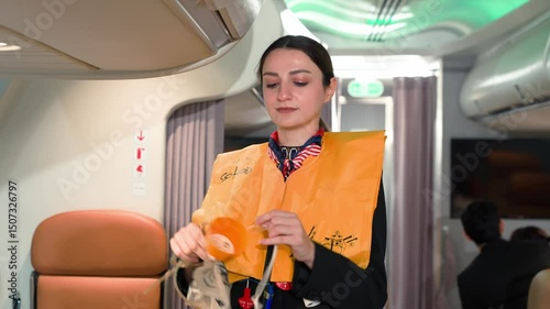 Flight Attendant Demonstrating Safety Equipment Before Takeoff with Life Jacket and Oxygen Mask in Cabin Showing Professional Airline Safety Protocol
