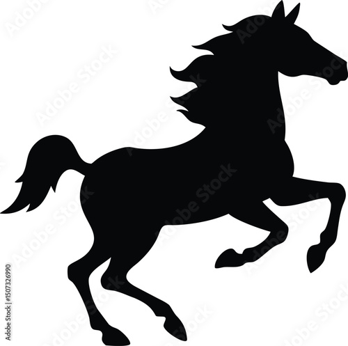 Black Horse Silhouette: Energetic, Powerful, Galloping Stallion on White Background                                                                   