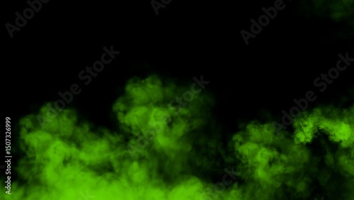 Abstract blurred green smoke misty fog on isolated black background. Texture overlays. Paranormal mystic smoke, clouds for movie scenes