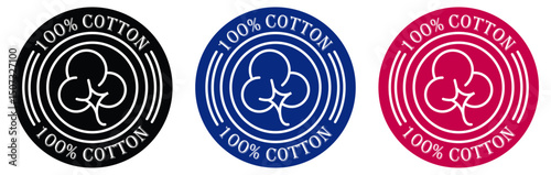 Cotton label badge with stamp style. One hundred percent cotton fabric material textile natural fiber clothing apparel garment vector icon logo. Round cotton product seal design