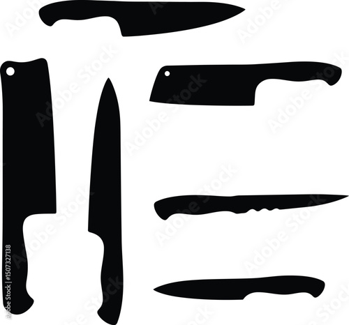 Kitchen Knife Types Silhouette Diagram on White Background