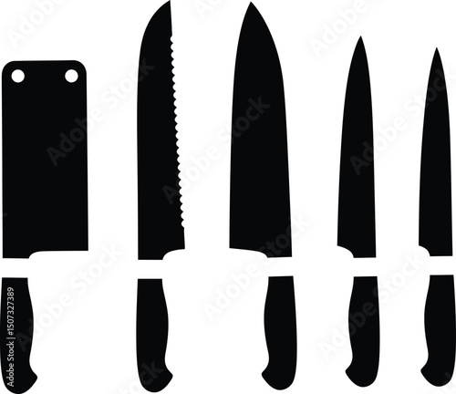 essential kitchen knife types in silhouette for food industry graphics