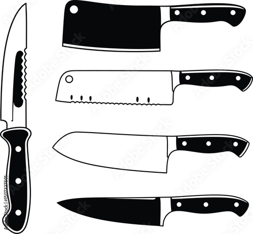 black and white kitchen knife diagram for educational cooking content