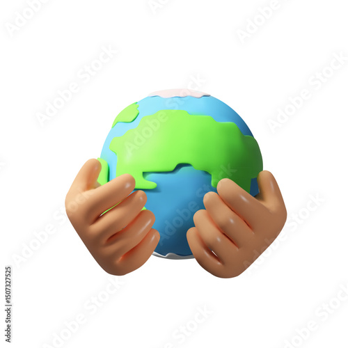 3D hands hold Earth. Global environment protection, human care concept. Eco community for saving the planet. Climate change conversation. Three-dimensional vector illustration.