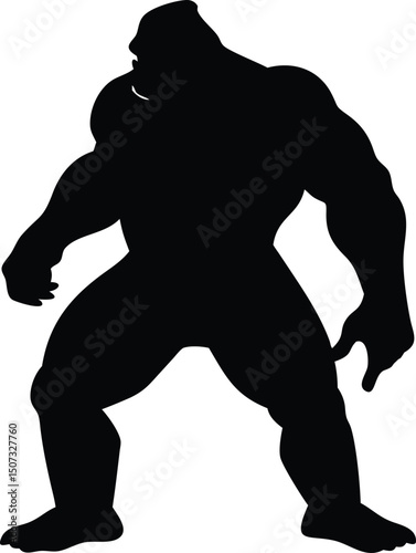 Silhouette of a Cryptid Figure: Bigfoot / Sasquatch standing on two legs, isolated on a white background.                                             