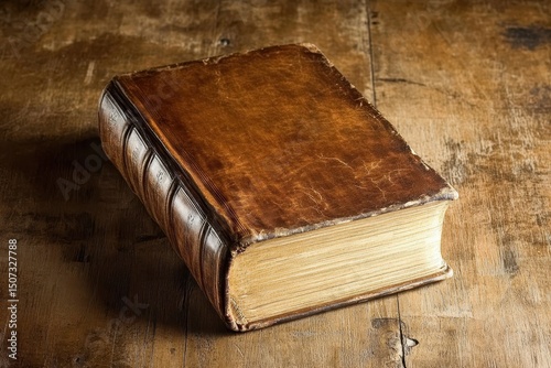 Sacred Text: Holy Bible Resting on Rustic Wooden Surface with Soft Natural Light photo