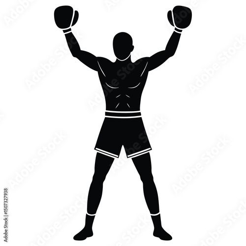 Silhouette of triumphant boxer raises gloves in victory sports achievement illustration.