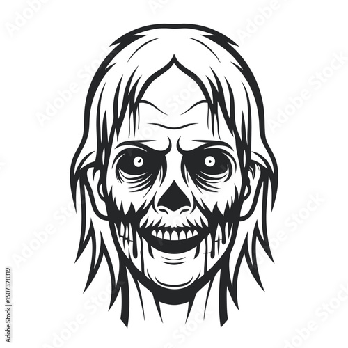 Monochrome Vector Illustration of a Grotesque Zombie Head with Hair and Drips, Isolated on a White Background, for Halloween Design.                  