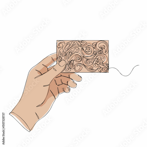 An illustration of a hand holding a business card with intricate designs. This minimalist illustration depicts a hand holding a business card with artistic swirls and patterns.