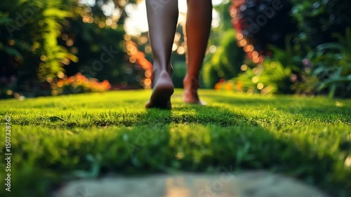 Barefoot walk with sunset garden path.