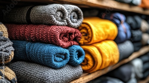 Rolled and stacked colorful blankets neatly organized on wooden shelves