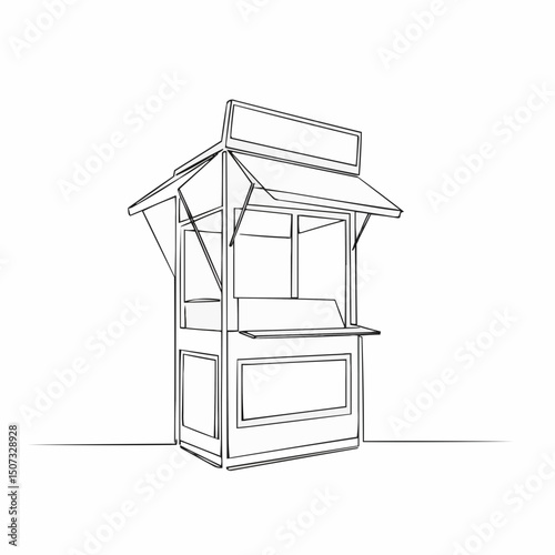 Line drawing of a store, simple kiosk with a roof, creating a clear and minimalistic look