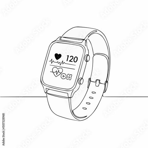 A line drawing of a smartwatch displaying a heart rate