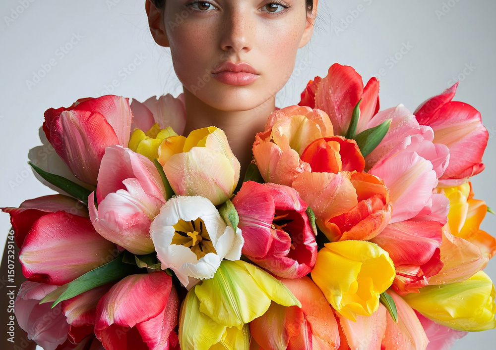 Fototapeta premium Beauty portrait of young fashion model with professional makeup covered with large colorful tulips.Macro.AI Generative.