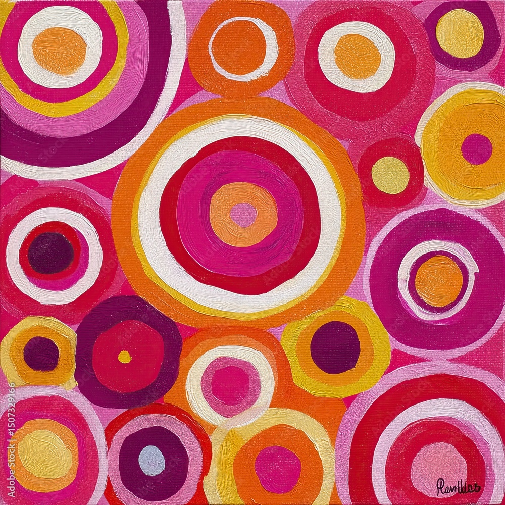 Fototapeta premium Colorful abstract art featuring layered circles of orange yellow pink and white against pink background