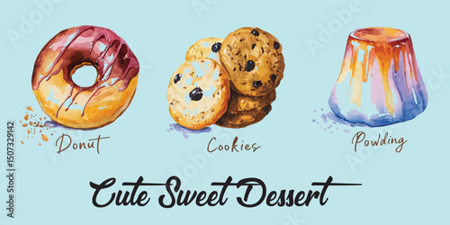 Cute sweet dessert icons, donut, cookies, pudding