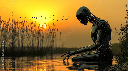 Humanoid robot kneels by a tranquil lake at sunset, gently touching the water, reflecting on its existence. Concept of artificial intelligence developing awareness and connection to the world