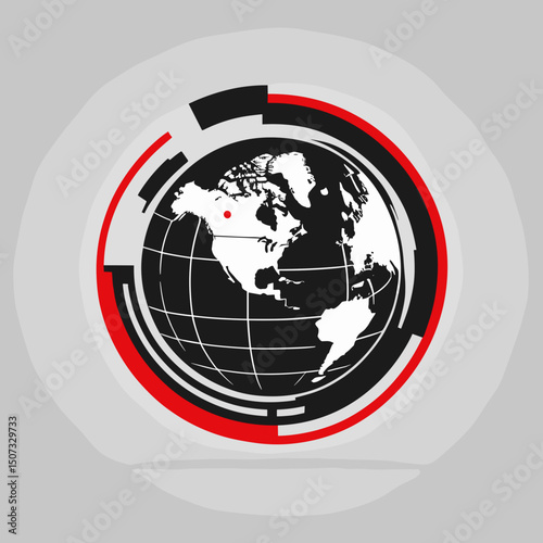 Stylized globe design with a modern red and black circular pattern, showcasing a world map