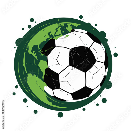 Creative illustration of a cracked soccer ball merging with a globe, symbolizing global sports
