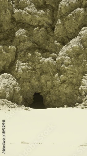 A textured rocky formation displays a dark cave entrance amidst a sandy environment. Bright sunlight illuminates the surrounding terrain, creating stark contrasts.