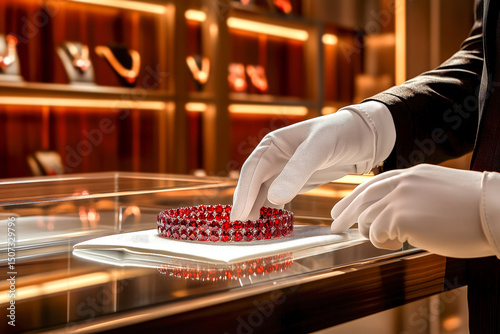 Jewelry display featuring a luxurious Ruby red gemstone necklace placed on a glass surface by a gloved hand. Concept of jewellery boutique, fine craftsmanship in luxury retail experiences