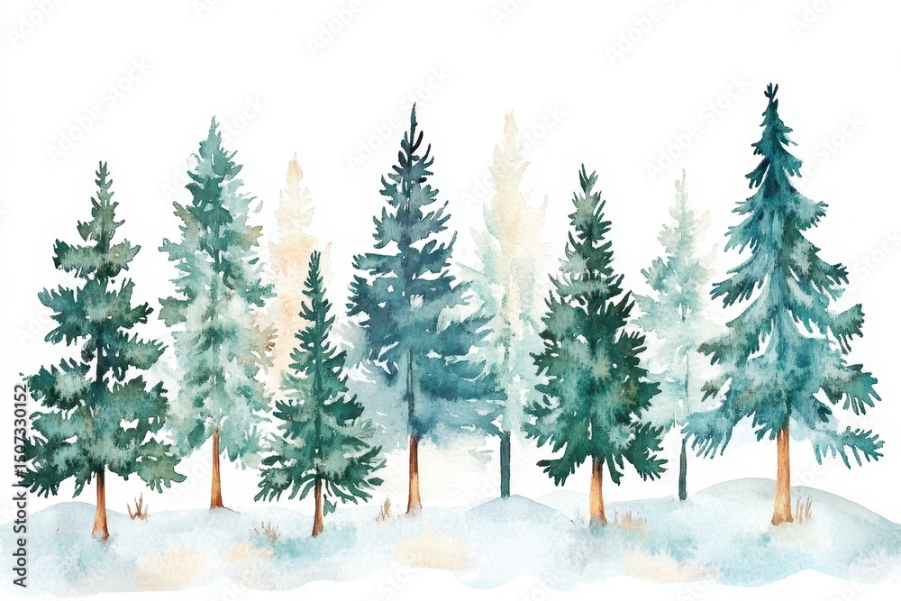 Fototapeta premium Watercolor Winter Landscape. Snowy Pine Forest with Fir Trees on a Bright Background
