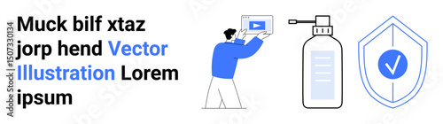 Man interacting with tablet, sanitizer bottle with pump, shield icon with checkmark. Ideal for hygiene, safety, approval, health, protection, sanitation simple landing page