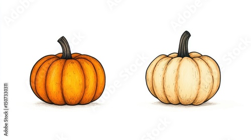 Two Pumpkins Of Different Colors Placed On A White Background