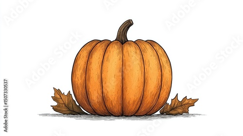 A hand drawn orange pumpkin rests next to autumn leaves