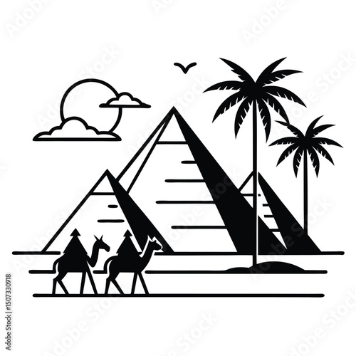 Black and white vector illustration of egyptian pyramids with camels and palm trees.
