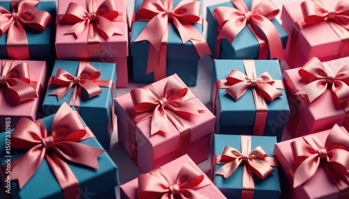 Elegant ribbon-tied gift boxes, repeating pattern, art, purple, christmas