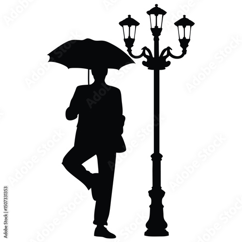 Silhouette of person with umbrella leaning against street lamp post on white background.