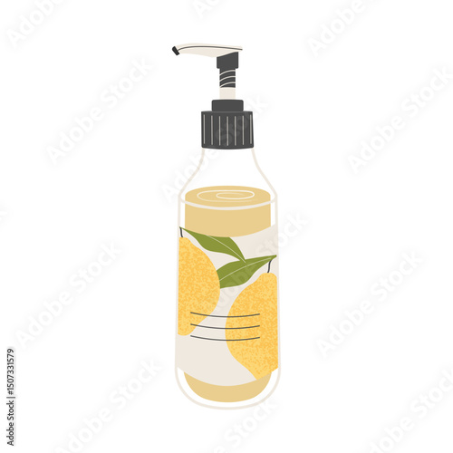 Transparent bottle pump liquid soap, shower gel, lemon-scented shampoo. Body care. Natural cosmetics. Flat vector illustration. Isolated.