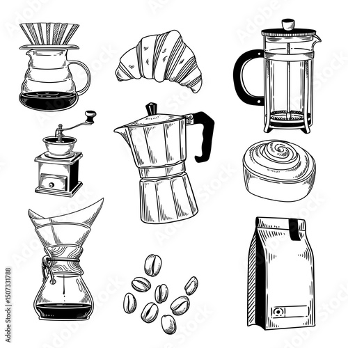 Original coffee illustration set, ink line drawing for cards, menus, cafe, barista, or graphic design.