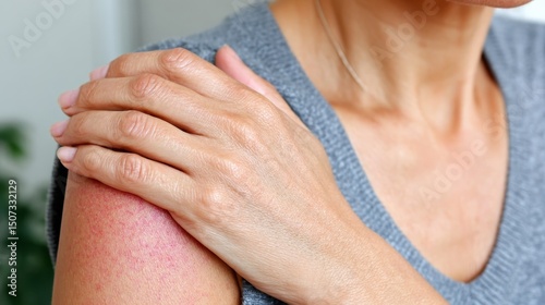 Woman treating inflamed, itchy skin from dermatitis, gently massaging soothing topical cream onto reddened area for symptom relief and skin healing