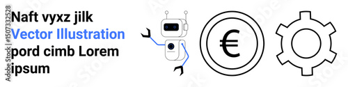 Robot holding a Euro coin next to a gear symbolizing automation, currency, and innovation. Ideal for fintech, robotics, AI, economics, technology, teamwork simple landing page