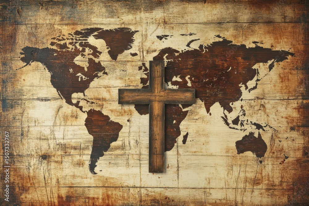 Obraz premium Rustic World Map: A Cross Symbolizing Divine Love and Global Evangelism