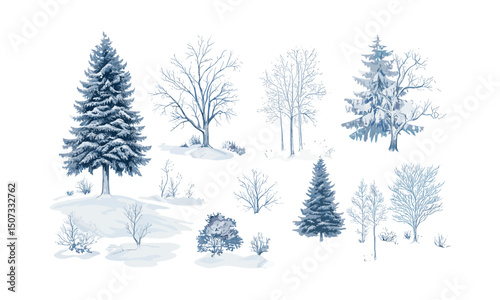 Frosted Forest Hemlock Tree Silhouettes, Winter Ridge Scene, alpine evergreen, snow tree clipart, engraved icy forest art pack, vector illustration, cold nature landscape, christmas tree
