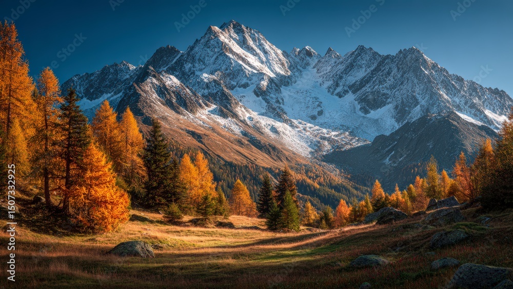 Fototapeta premium Bright Foliage beneath Snowy Peaks