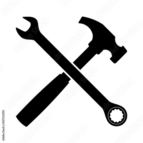 Wrench and Hammer Icon. Black Silhouette Vector of a wrench and a hammer crossed over each other, forming an X shape.