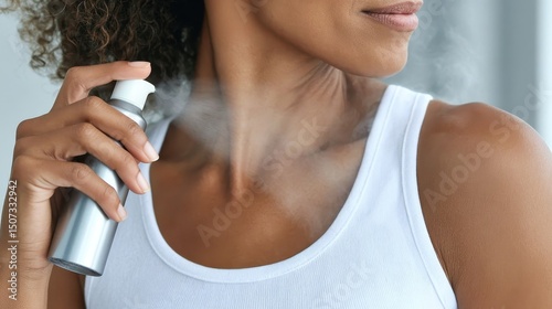 Female applying delicate perfume spray on neck, enjoying luxurious fragrance and adding sophisticated touch to personal grooming moment