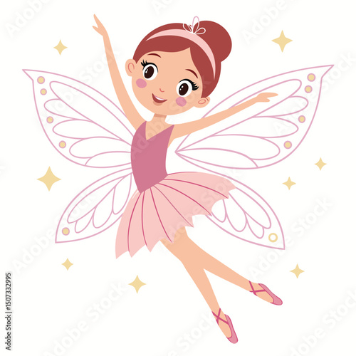 Cute cartoon fairy ballerina dancing with wings and stars on white background.
