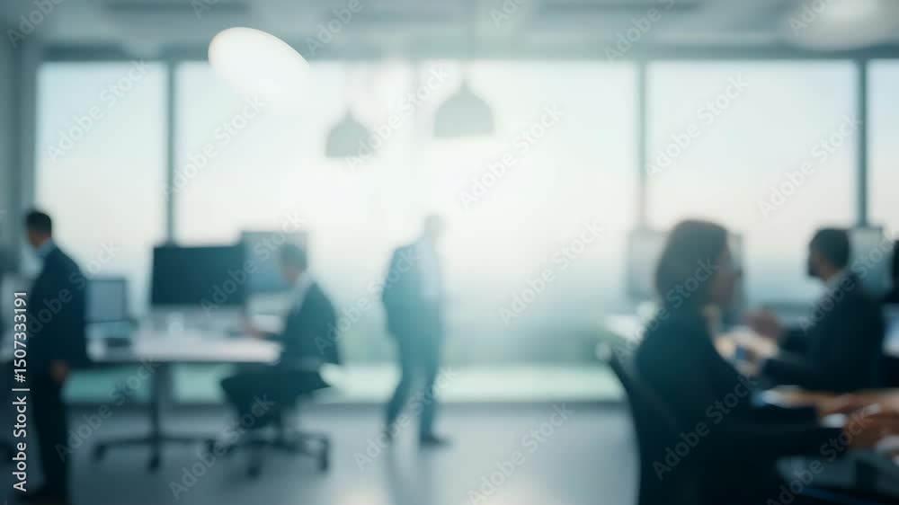 blurred business office background with silhouettes of people teamwork corporate modern workplace