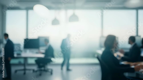 blurred business office background with silhouettes of people teamwork corporate modern workplace