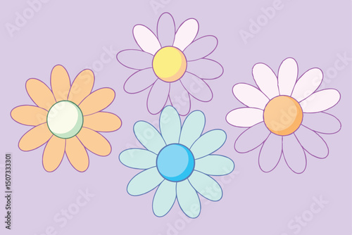 Playful Daisy Flowers on Lavender Background - Floral Cartoon Illustration with Pastel Colors and Clean Lines for Design Projects                     