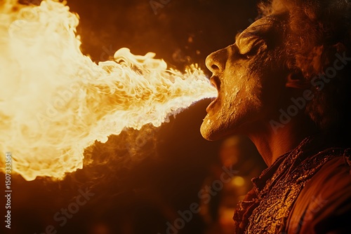 Profile of an ethnic male fire breather exhaling bright orange flames into the darkness