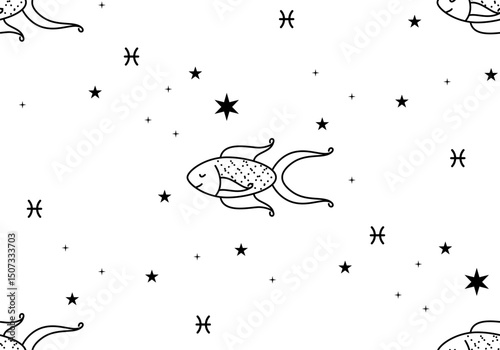 Seamless pattern with Zodiac sign Pisces. Pisces horoscope symbol in twelve zodiac constellation. Line zodiac icon. Astrology and mythology