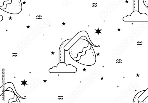 Seamless pattern with Zodiac sign Aquarius. Aquarius horoscope symbol in twelve zodiac constellation. Line zodiac icon. Astrology and mythology